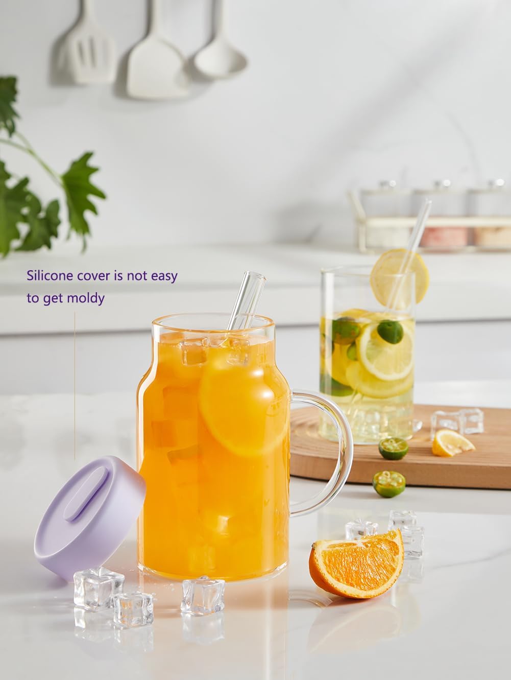 Sweejar Vasos para beber con tapa de silicona y popote de vidrio, taza de vidrio de 34 onzas con asa, taza de café helado, botella de agua de vidrio