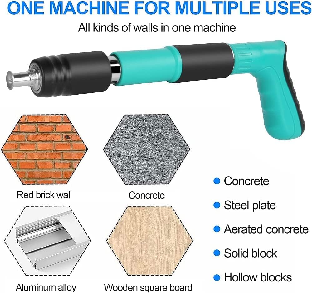 Kit de pistola de clavos de hormigón con 10 clavos, pistola de uñas de acero manual ajustable de 5 velocidades, herramienta eléctrica de fijación de