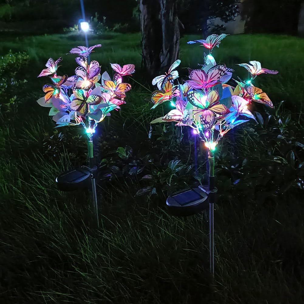 2 luces solares de mariposa para exteriores, luz de flores artificiales, decoración del hogar, lámpara de árbol de mariposa IP65, impermeable, luces