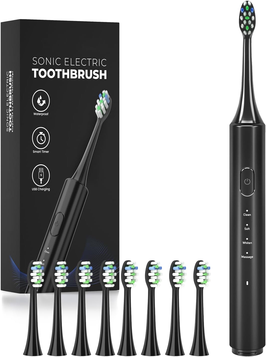 Cepillo de dientes eléctrico para adultos con 8 cabezales de cepillo, 4 modos de limpieza IPX7 Cepillo de dientes eléctrico recargable de viaje con