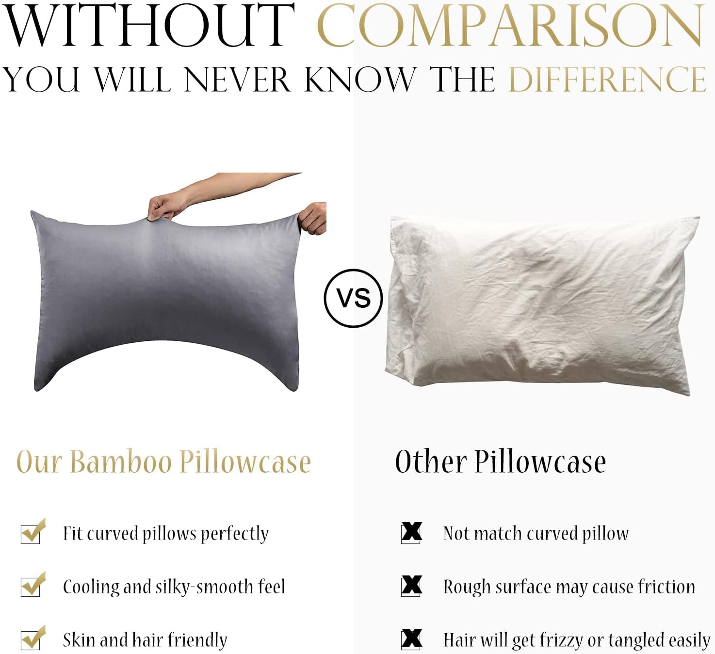 Fundas de almohada refrescantes para dormir de lado, funda de almohada curvada de bambú con cremallera súper larga, funda de almohada suave y sedosa