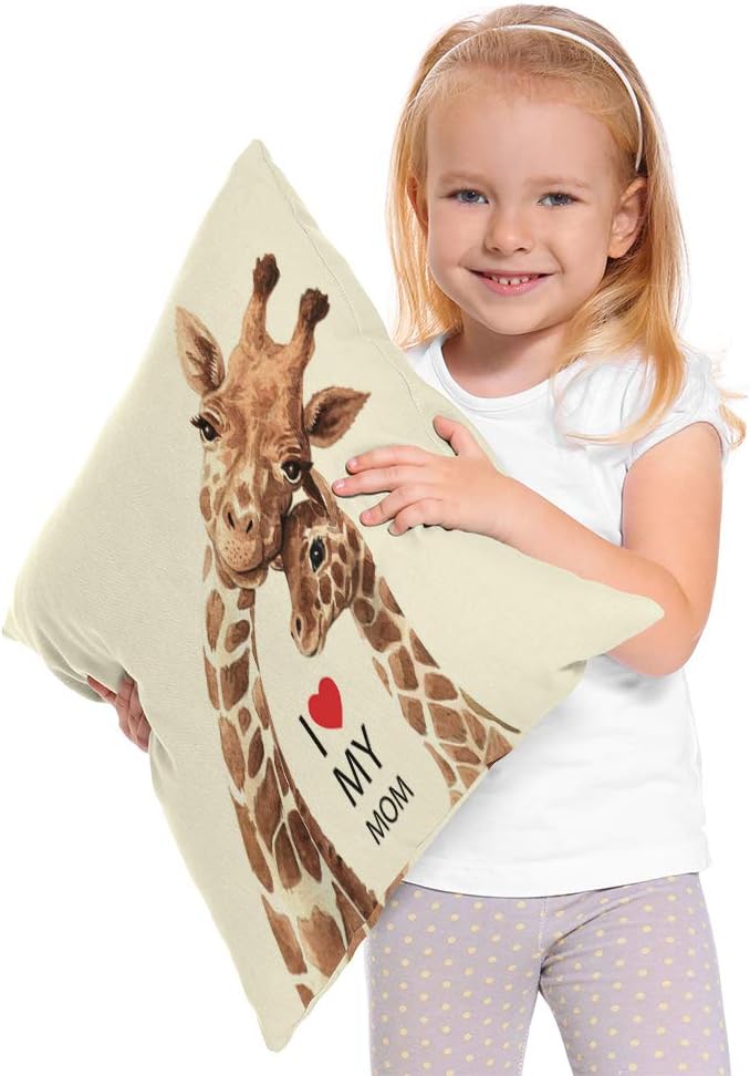 Moslion Giraffe Throw Pillow Cover with I Love My Mom Inspirational Quote Lettering Heart Safari Animal Square Pillow Case Cushion Cover for Home