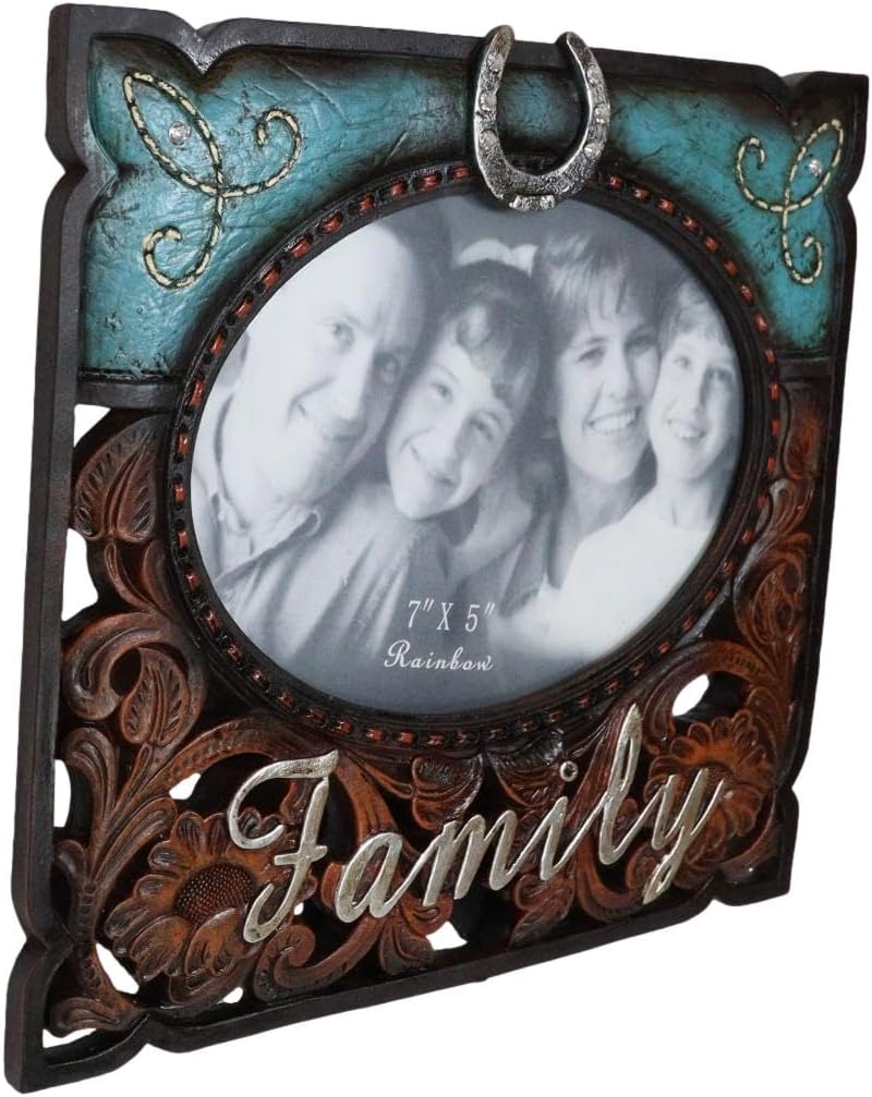 Ebros Gift Rustic Western Family – Marco de fotos de piel sintética turquesa y resina de madera tallada, 7 x 5 pulgadas, con caballete trasero,