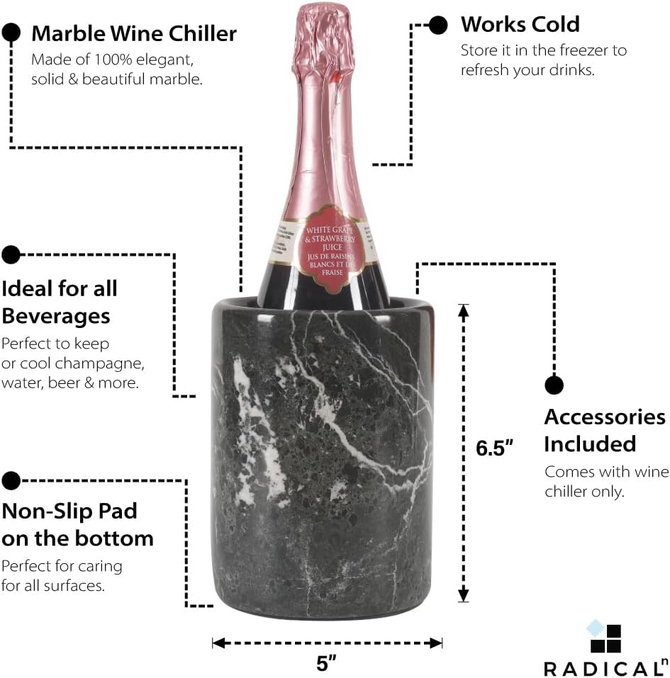 Radicaln Enfriador de vino de mármol de mesa negro de 5.5 x 6.5 pulgadas, hecho a mano, decoración alta y portátil para el hogar y la cocina,