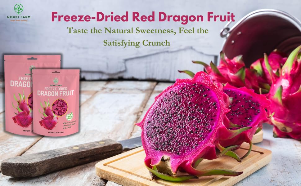 NOKKI FARM Fruta del dragón liofilizada 1.76 oz  100% natural  Sin azúcar añadido  Vegano  Sin OMG  Todo natural  Frutas crujientes orgánicas 1.76
