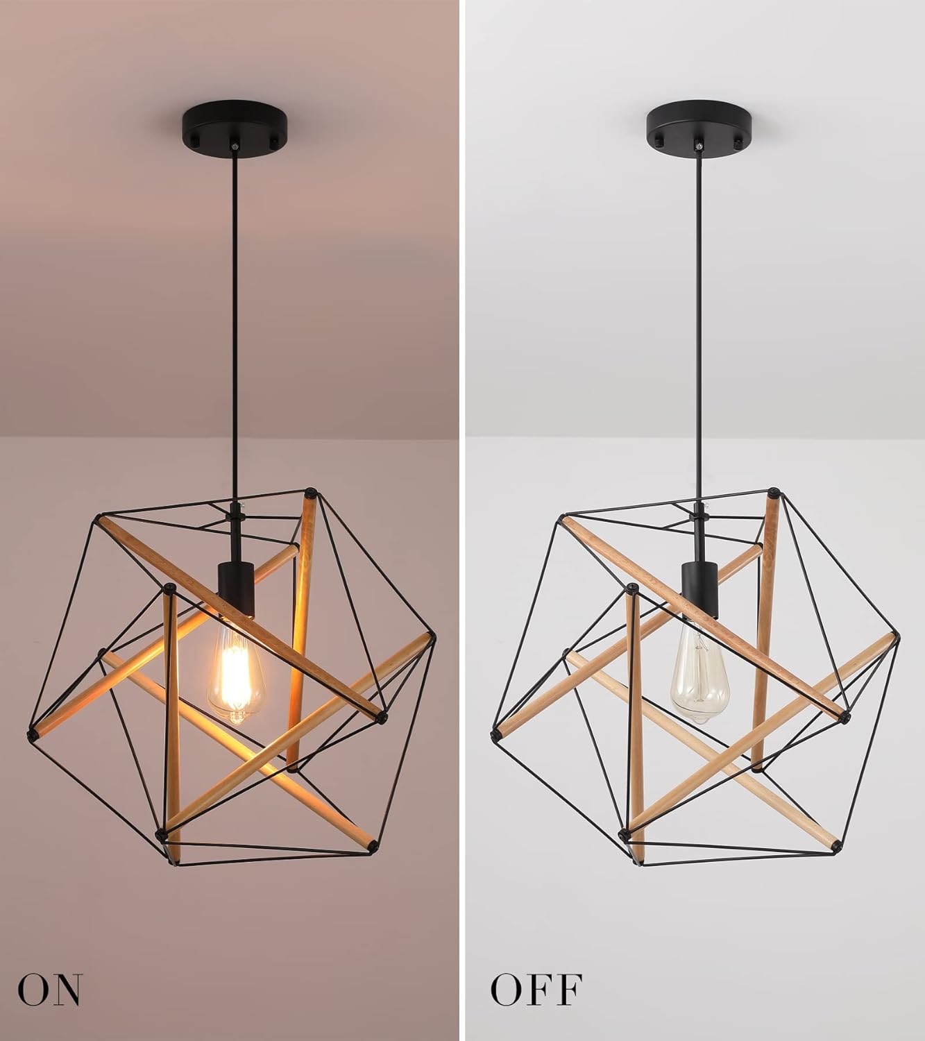 AMZASA Lámpara colgante geométrica negra Art Deco de metal y madera, moderna lámpara industrial para comedor, cocina, isla, centro de artes, estudio