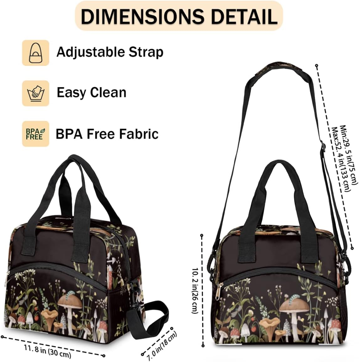 Lonchera con diseño de hongos del bosque, bolsa aisladaenfriadora para mujeres, hombres, niñas, niños, hojas de hierbas, bolsa de almuerzo con