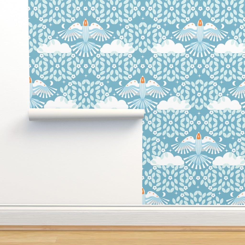 Spoonflower Removable Wallpaper 9ft x 2ft – Blue Sky Folk Art Orange Aqua Maximalist Magic Lucid Dreaming Scandi Scandinavian Mystical Large Custom