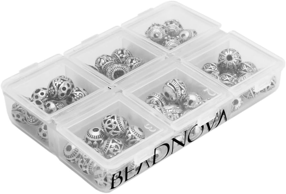 BEADNOVA 60 cuentas de plata tibetana redondas huecas de 0.315 in para hacer hallazgos de joyería con contenedor de plástico gratuito, surtido de