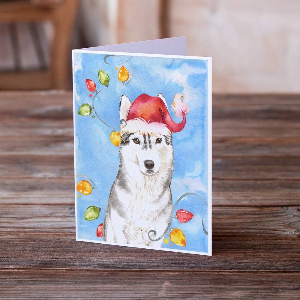 Caroline’s Treasures CK2495GCA7P – Tarjetas de felicitación y sobres con luces de Navidad, diseño de husky siberiano, paquete de 8 tarjetas en
