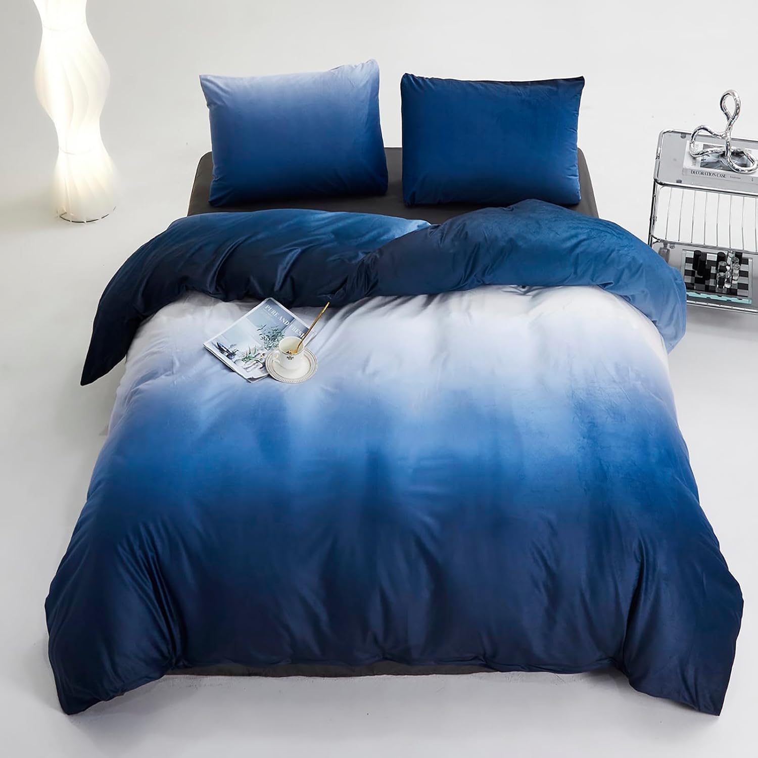Cottonight Juego de edredón de terciopelo azul, tamaño Queen, juego de ropa de cama de franela esponjosa para mujeres y hombres, manta gruesa y