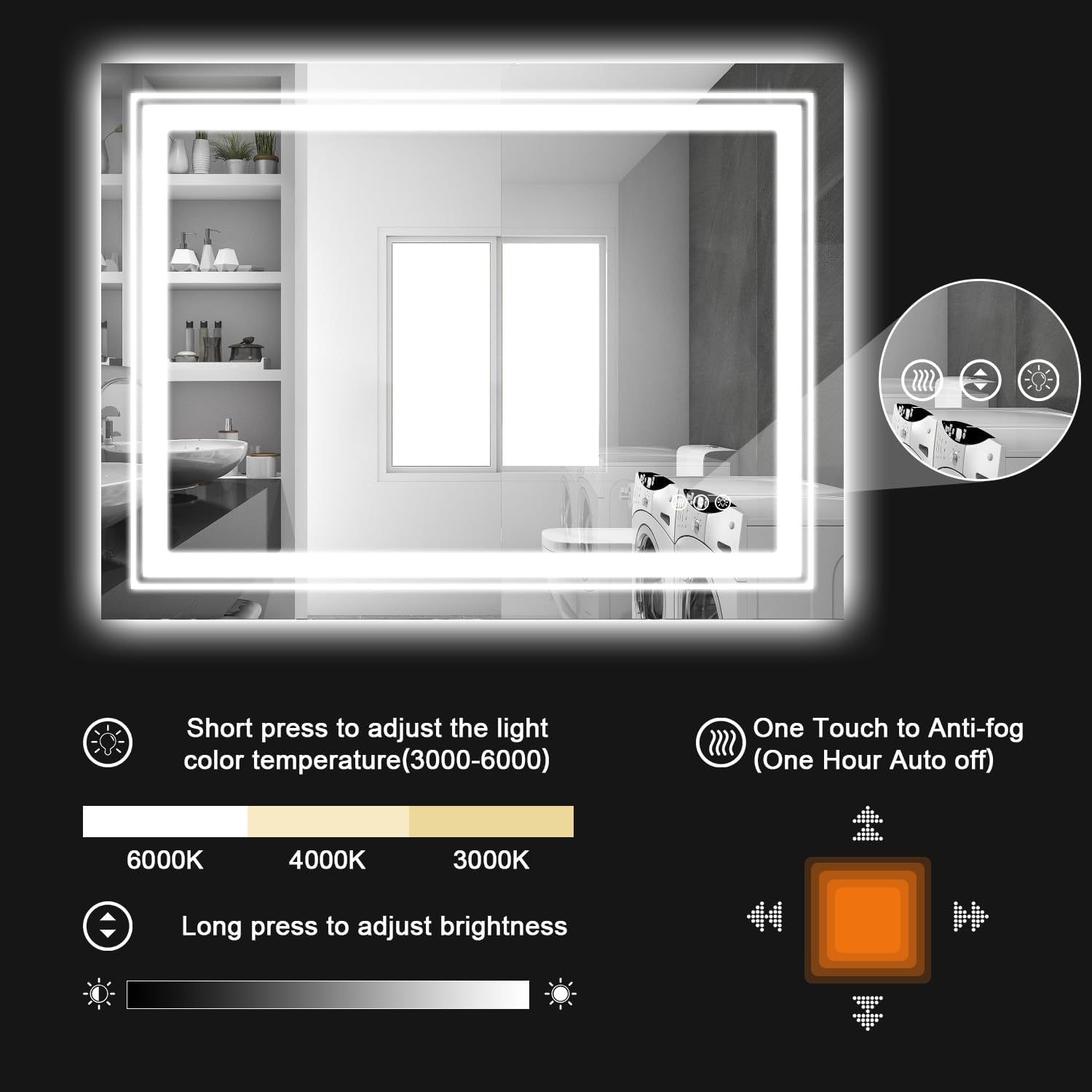 Snowdool Espejo de baño LED de 60 x 40 pulgadas, espejo de baño antiniebla con luces, regulable continuo, espejo de tocador iluminado de 3 colores,