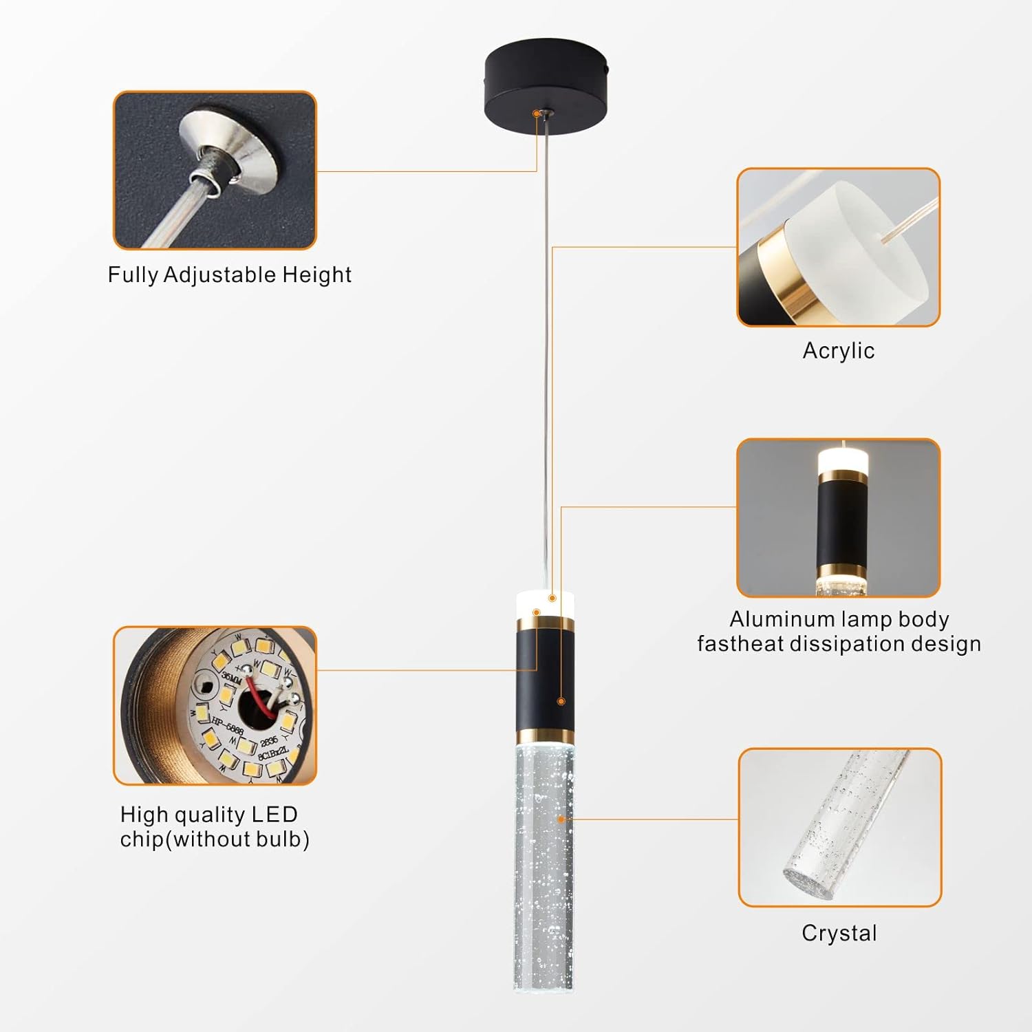 Lámpara colgante LED, lámpara LED moderna de cristal para isla de cocina, iluminación colgante ajustable para isla de cocina, candelabro LED negro