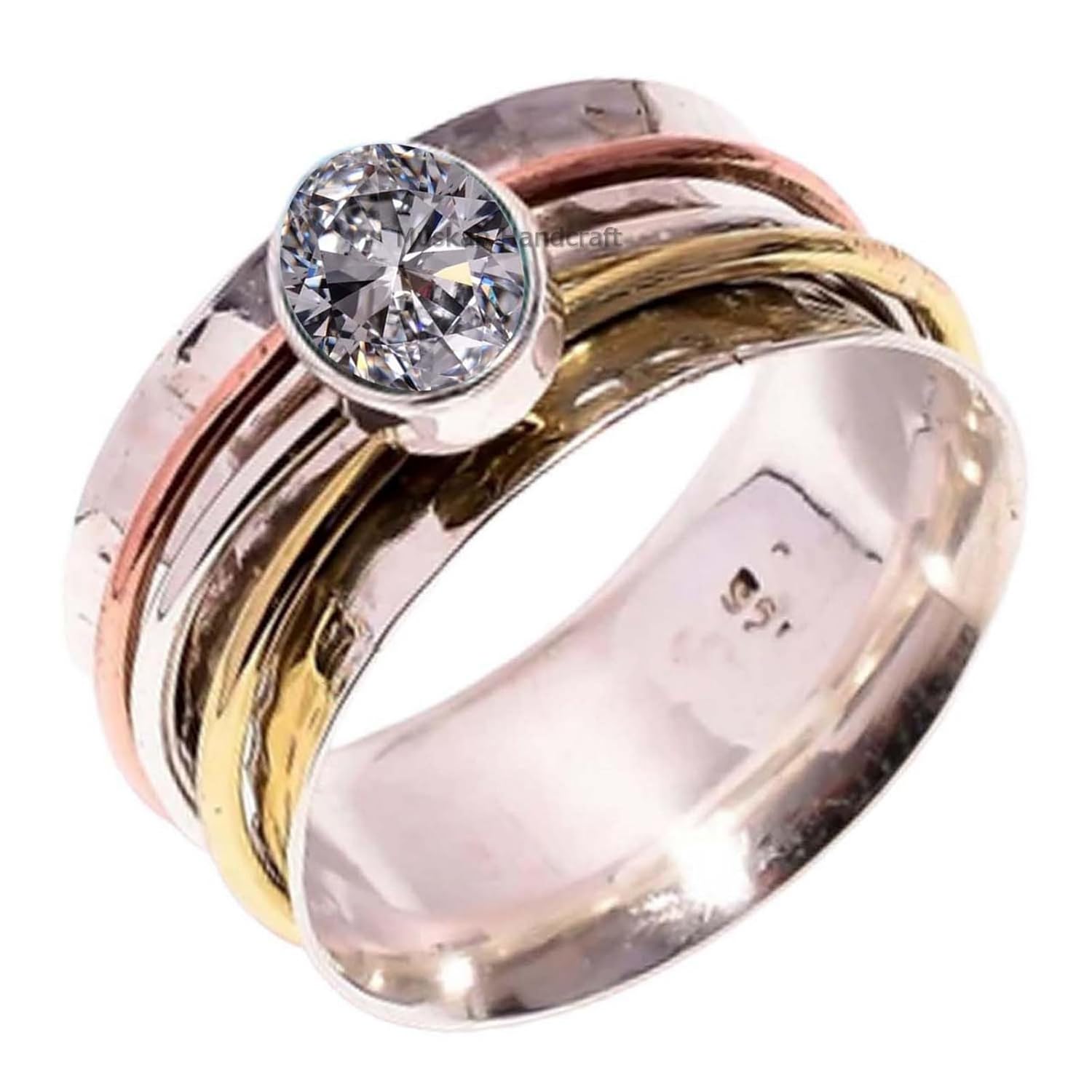Handmade 925 Sterling Silver Spinner RingHammered Spin Ring  3 Tone Spinning RingBoho Band RingParty Wear Ring For Women (cubic-zirconia)