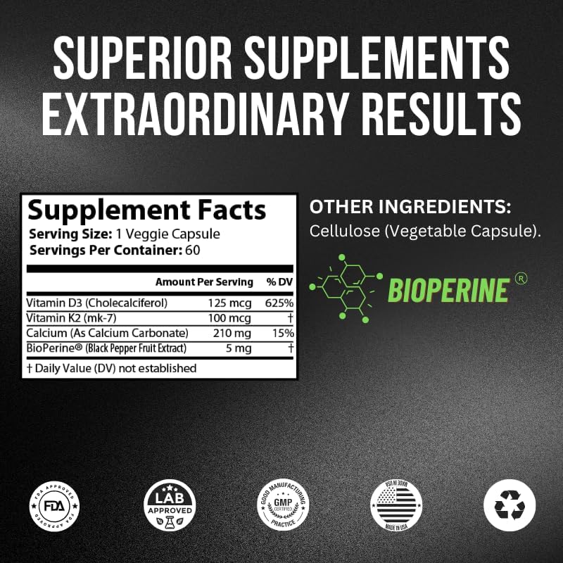 Vitamina D3 + K2  Vegana D3 5000iu (125 mcg) y vitamina K2 como MK7 para la salud inmunológica y ósea  Certificado vegano, sin gluten y soja, 60