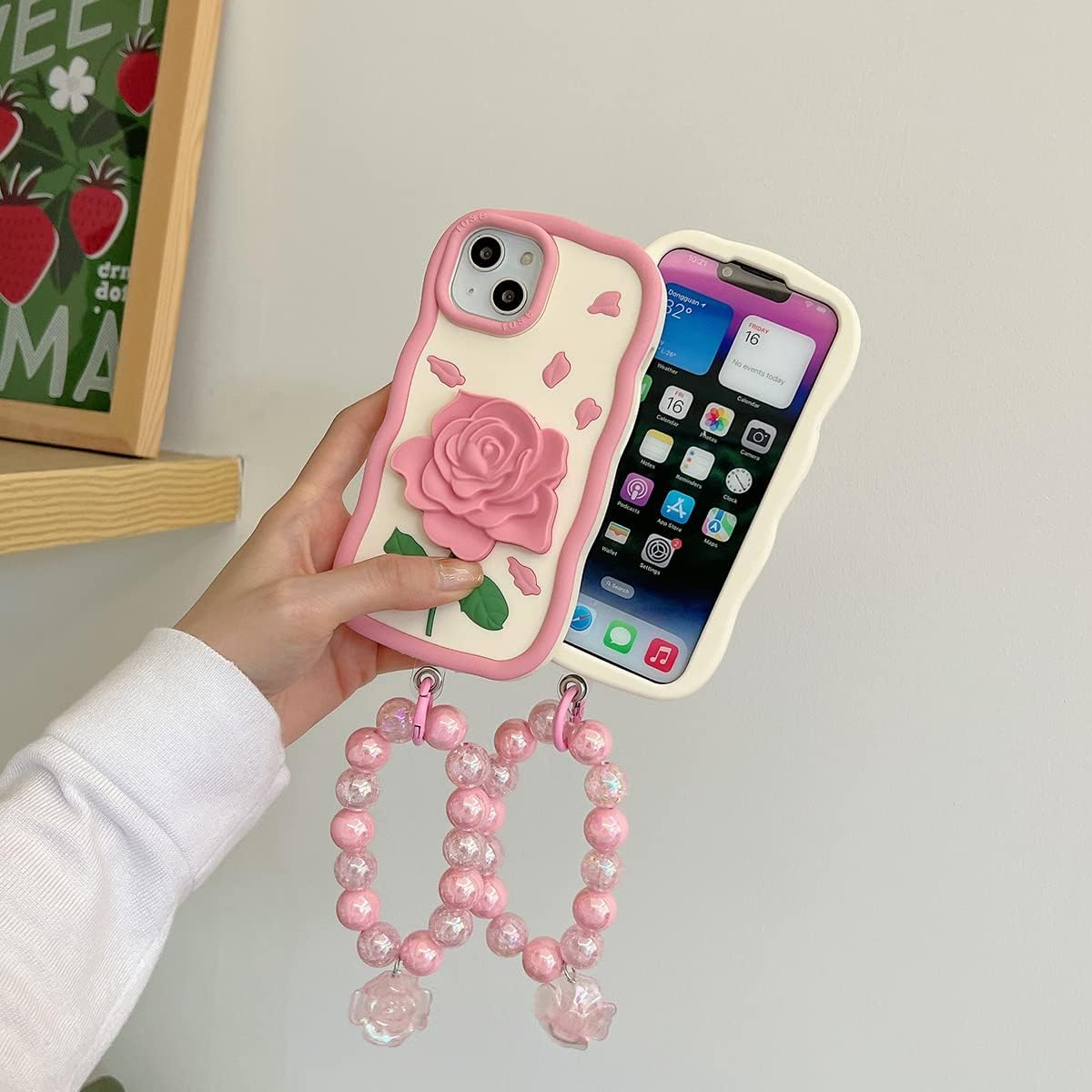 Funda para iPhone 11, linda funda 3D Kawaii para teléfono, diseño divertido de rosas y flores de dibujos animados con correa de mano, funda de