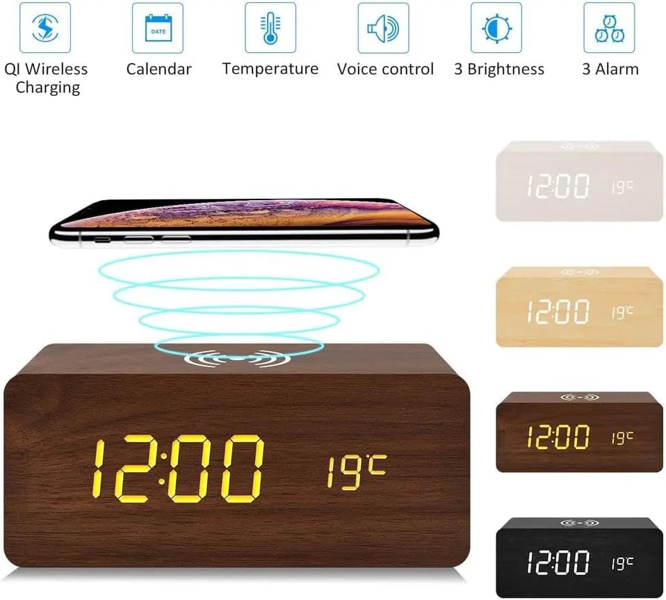 Reloj despertador digital, pantalla LED electrónica de madera, 3 ajustes de alarma, carga inalámbrica de 18 W, día de la semana, detección de