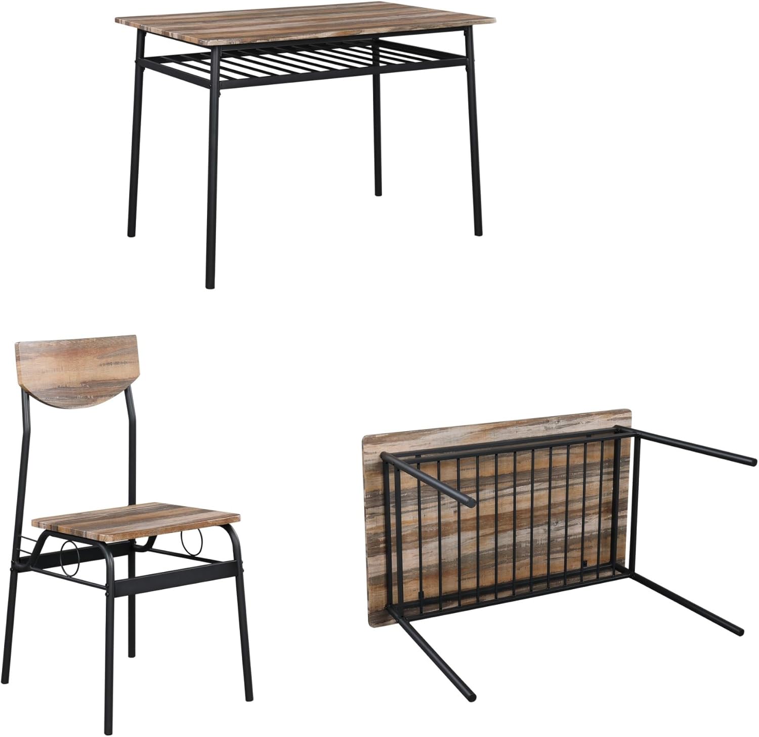 KEPOOMAN Juego de mesa de comedor de 5 piezas, mesa de cocina de metal y madera con estante de almacenamiento y 4 sillas, sillas de cocina