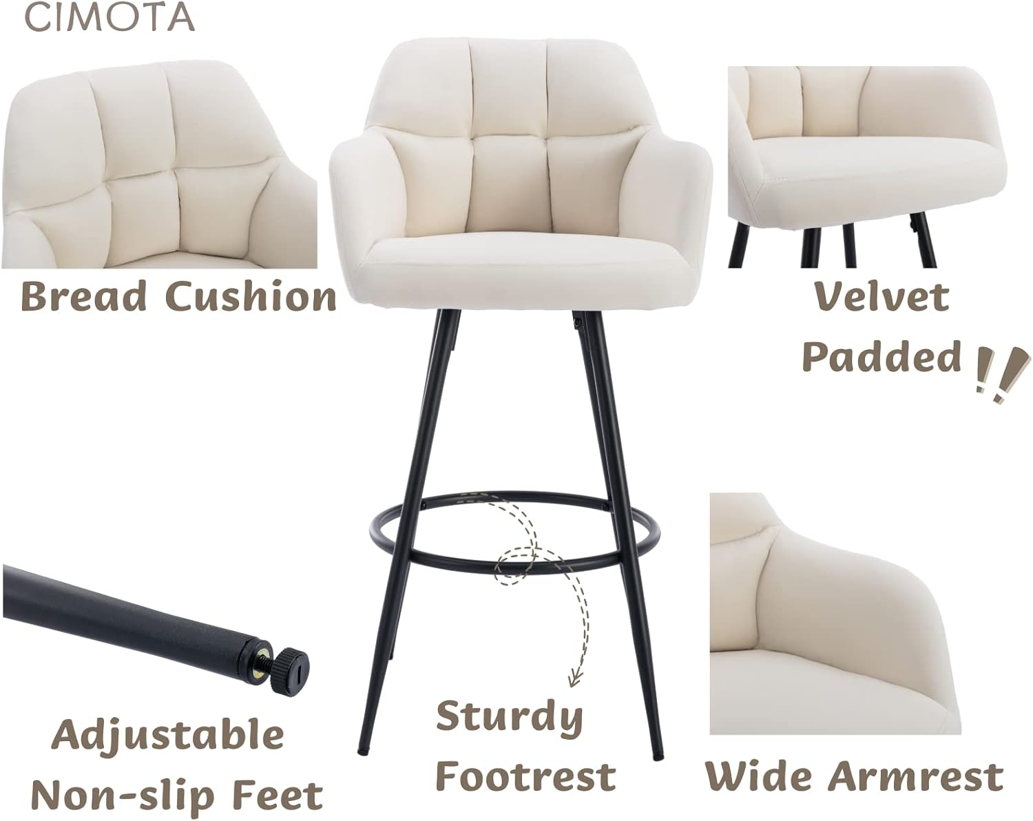 CIMOTA Taburetes de bar modernos de terciopelo de altura de barra, color crema, altura del asiento de 30 pulgadas