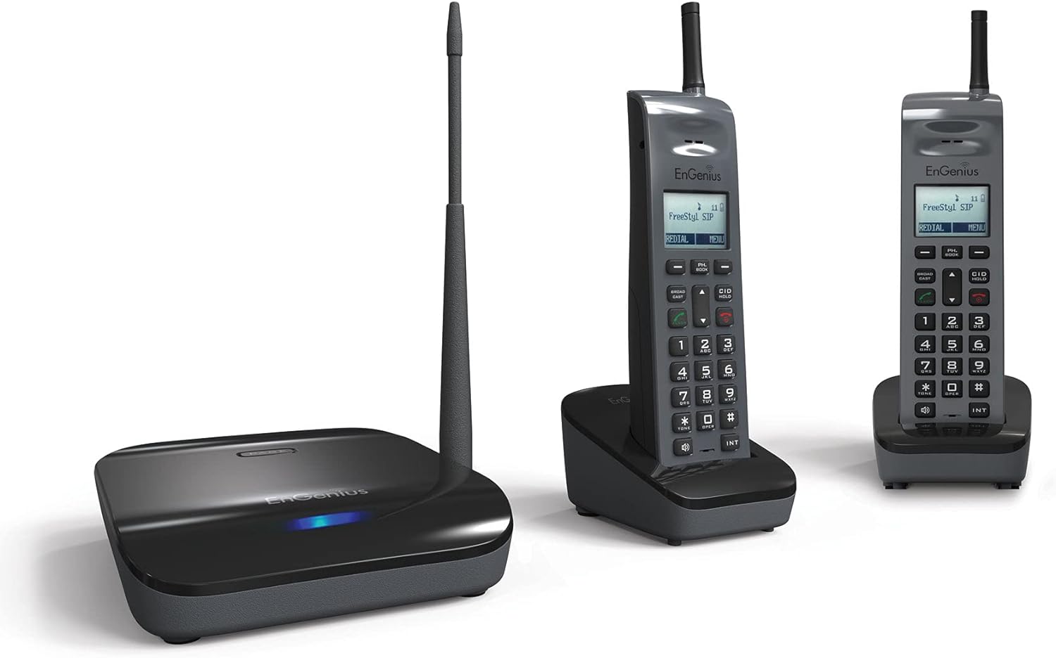 EnGenius FreeStyl SIP2, teléfono VoIP portátil de largo alcance de 900 Mhz con radio de 2 vías para transmisiónintercomunicador, expandible hasta