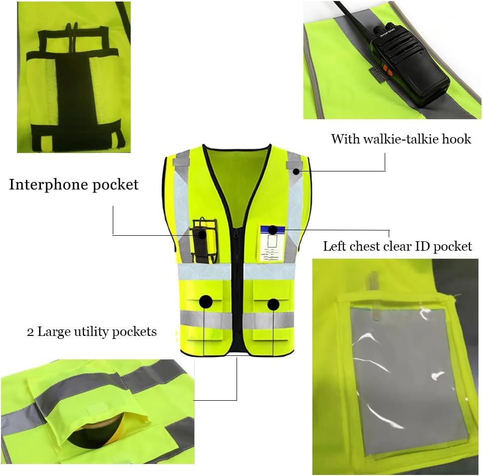 YOWESHOP Chaleco de seguridad de alta visibilidad reflectante con bolsillos y cremallera personalizado su logotipo ropa de trabajo de seguridad