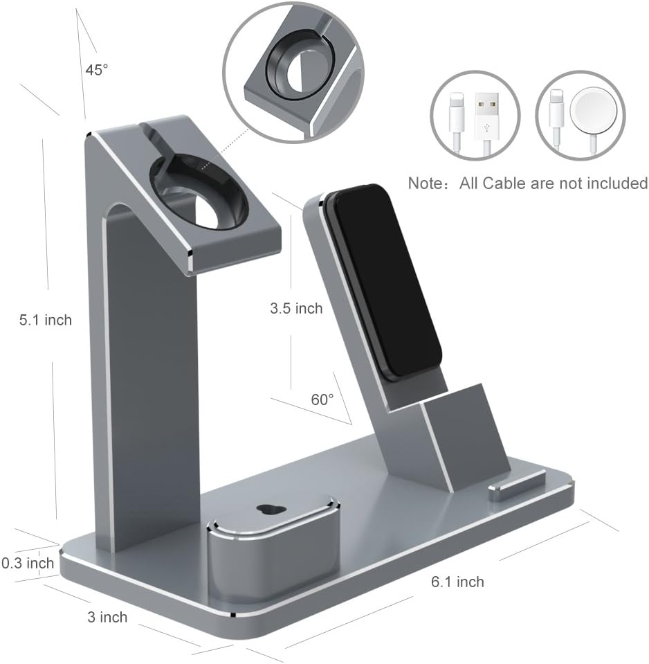 Estación de carga para Apple Watch Phone Airpods – XUNMEJ 3 en 1 de aluminio para iPhone Series 987, AirPods iPhone Series (gris)
