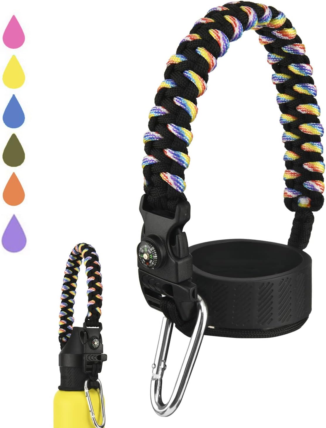 Mango Paracord para botellas de agua Hydro Flask 2.0 de boca ancha y estándar, soporte de correa con anillo de goma de seguridad y mosquetón, fácil