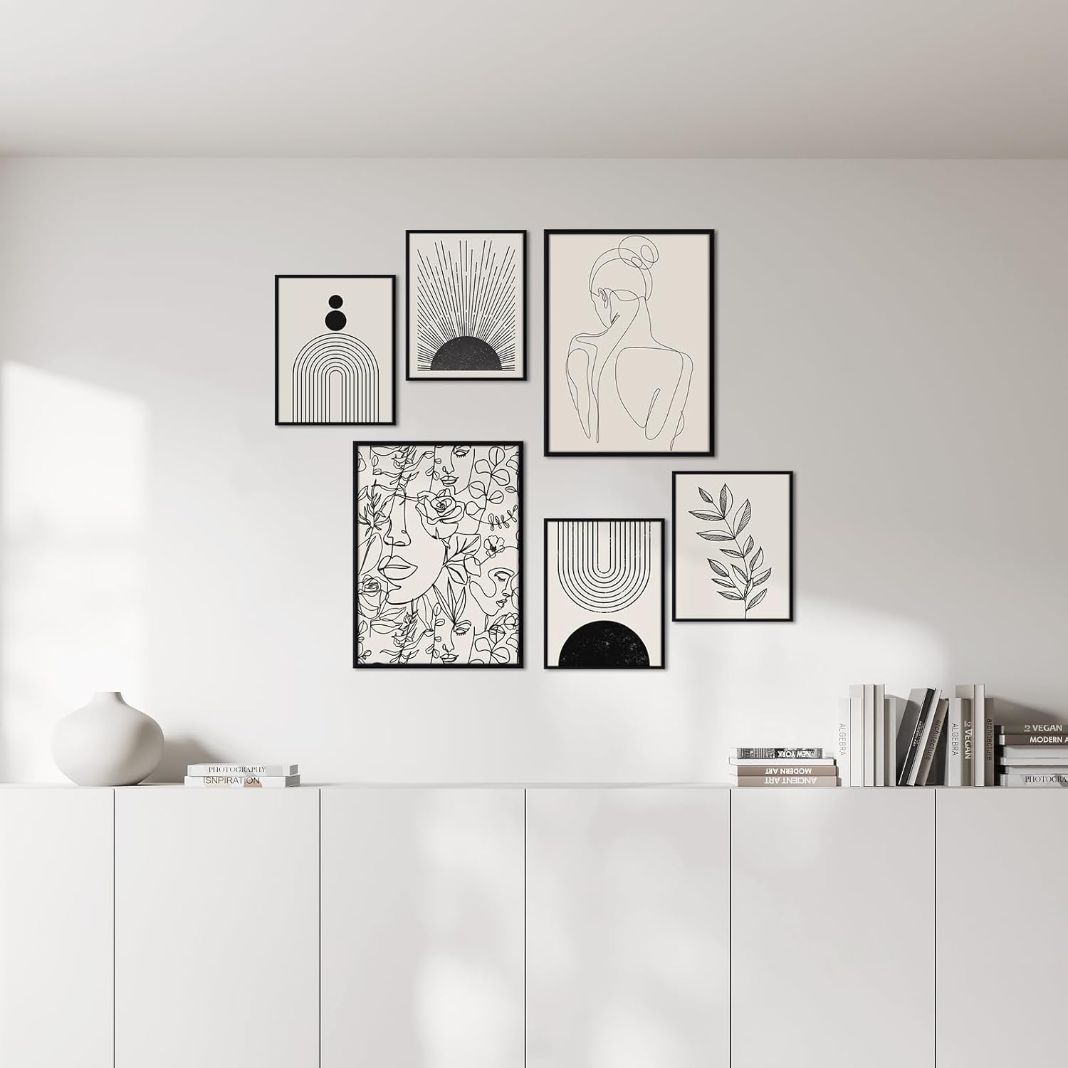 Juego de 6 impresiones artísticas para pared, póster abstracto para exposición, galería minimalista, negro, beige, línea corporal, hoja, bohemio,