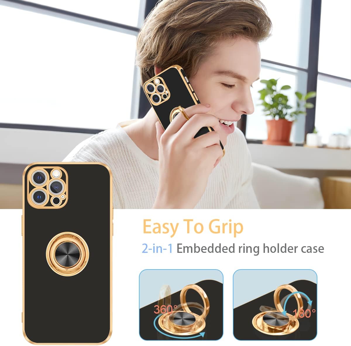 Fingic Funda para iPhone 12 Pro, funda para iPhone 12 Pro con soporte de anillo, ajuste delgado, soporte para automóvil, protección a prueba de