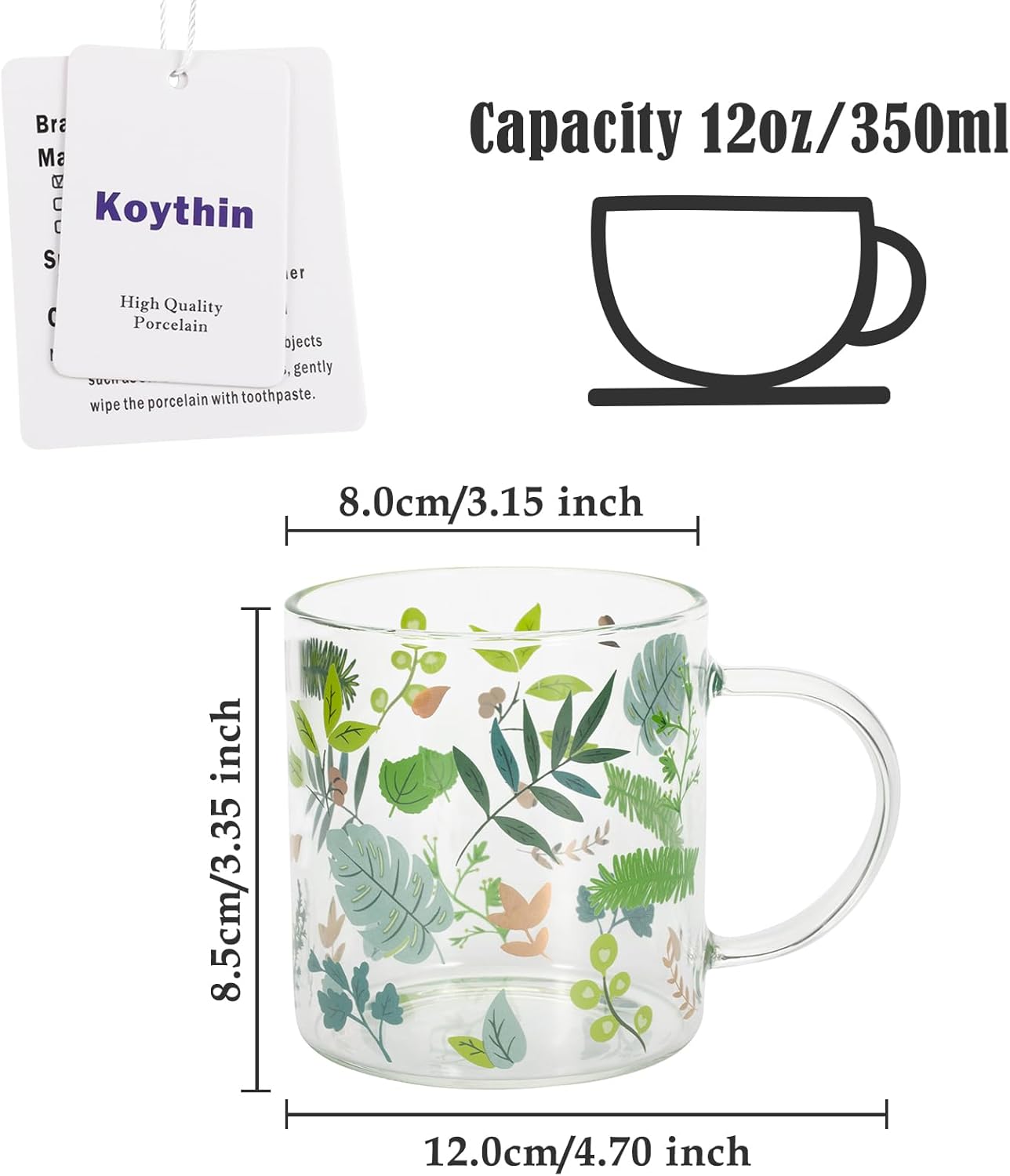 Koythin Taza de café con diseño de hojas de flores, bonita taza de café expreso, vasos para el desayuno, tazas estéticas de 12 onzas, perfectas para