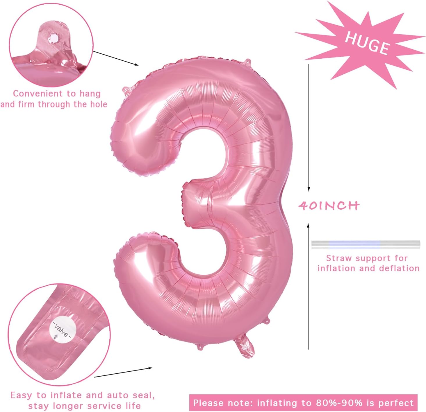 Globos gigantes de 40 pulgadas con números 3, globos gigantes de Mylar de aluminio digital gigante para decoración de fiesta de cumpleaños, boda,
