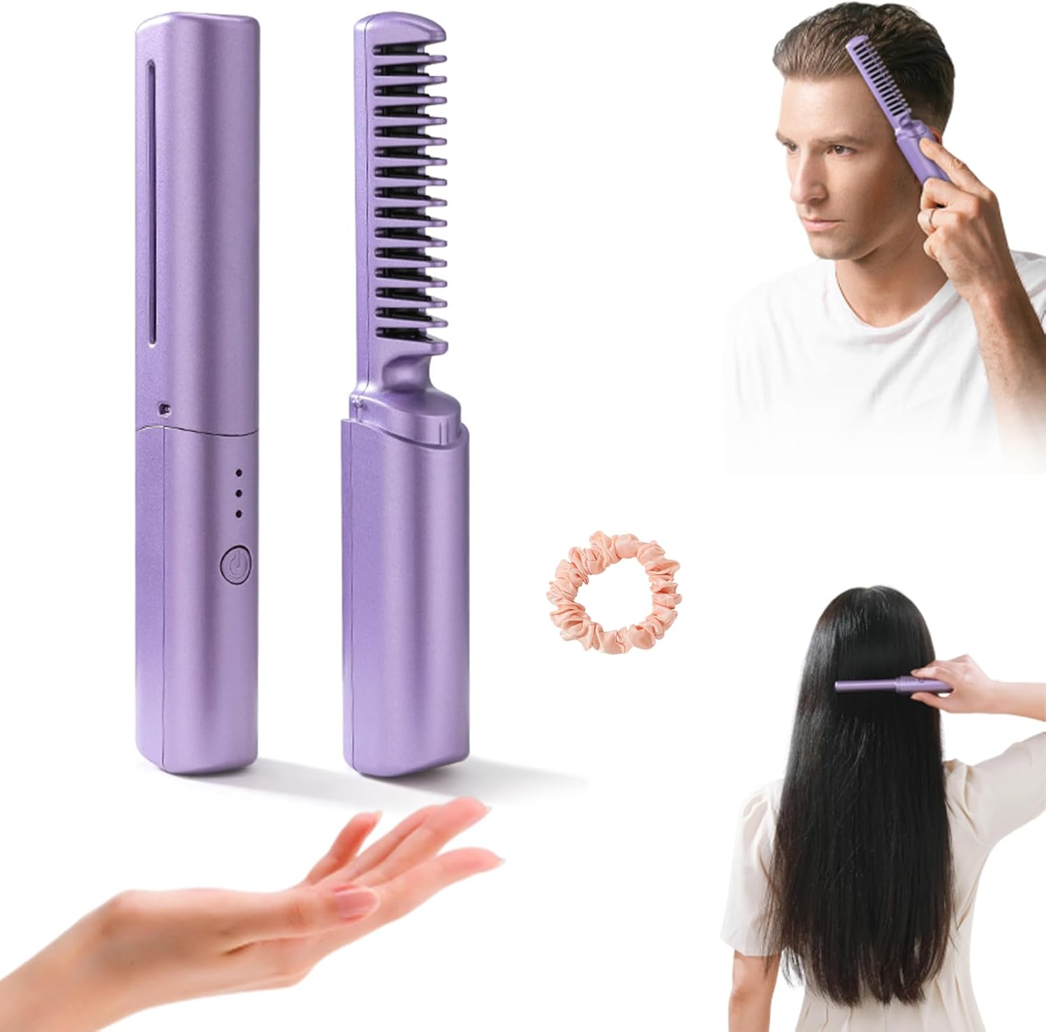 Mini alisador de pelo recargable, cepillo alisador inalámbrico portátil, cepillo alisador de tres temperaturas con iones negativos, tamaño de viaje,