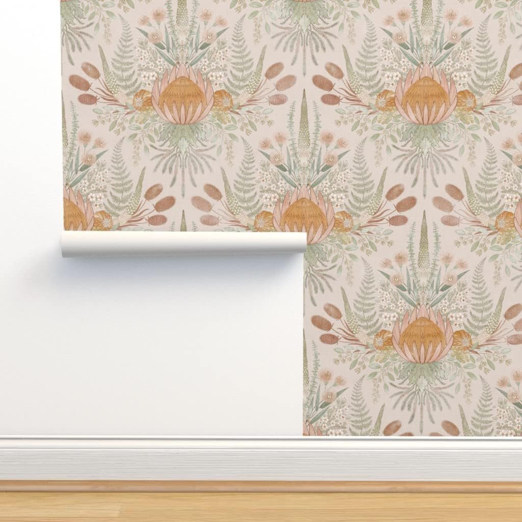 Spoonflower Papel tapiz autoadhesivo de 12 x 2 pies, flora neutra, damasco, cardo verde salvia, eucalipto, colores terrosos, flora australiana,