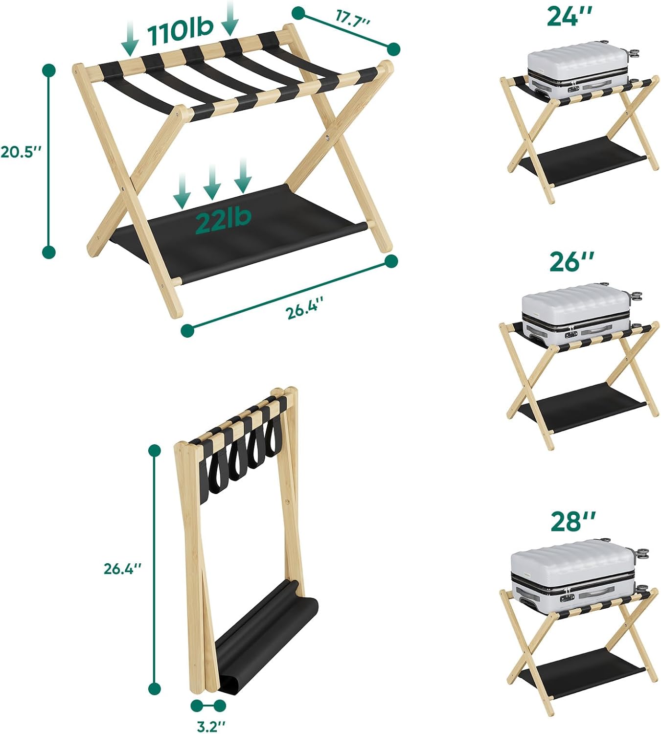 Paquete de 2 portaequipajes de bambú natural, soporte plegable para maleta con estante de almacenamiento, soporte de equipaje fácil de montar con 5