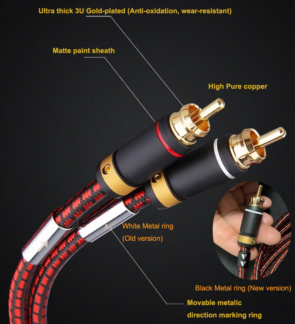 Auidophile 2RCA macho a 2RCA macho cable de audio estéreo, chapado en oro, núcleo de cobre 4N sin oxígeno (3 pies (3.3 ft)