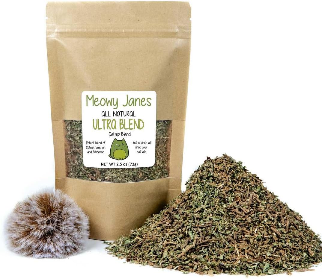 Meowy Janes Ultra Blend with Toy – Mezcla natural de hierba gatera, polvo de vid de plata y raíz de valeriana (bolsa de 2.5 onzas)