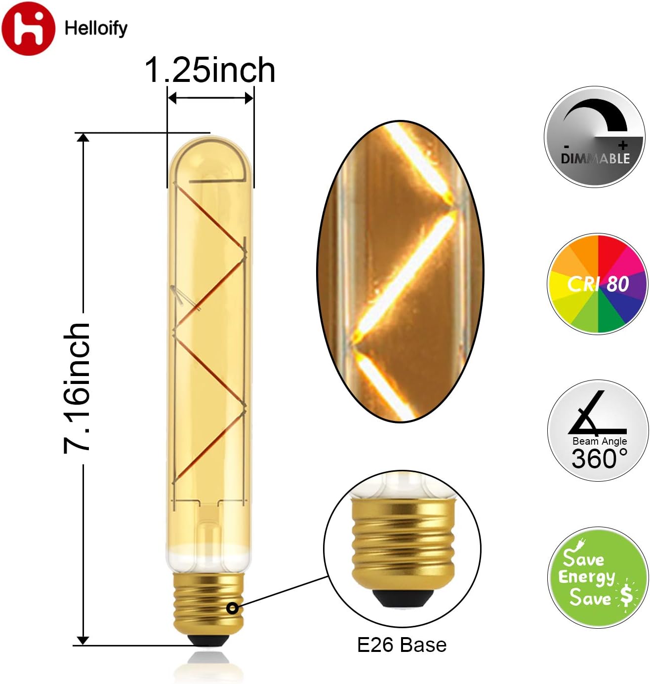 Bombilla tubular Edison LED vintage regulable T10, equivalente a 40 W, alto brillo, luz blanca cálida de 2500 K, vidrio ámbar, luz de cubierta de