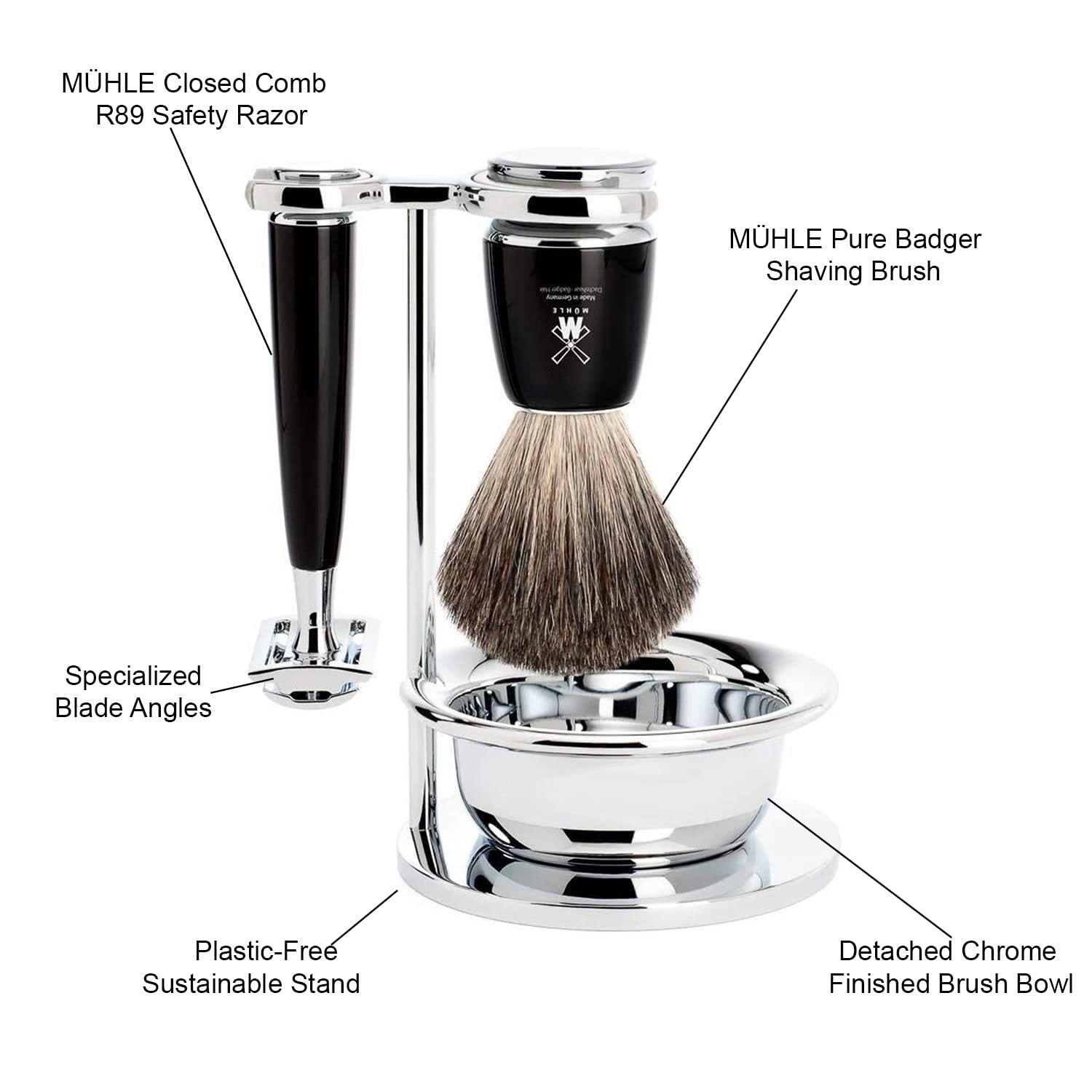 MÜHLE RYTMO – Juego de afeitar de seguridad de 4 piezas de tejón puro de doble filo (peine cerrado) para hombres, perfecto para uso diario, afeitado