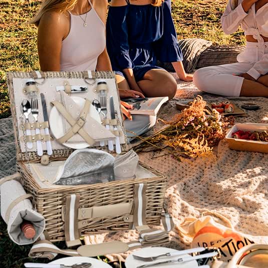 19 cestas de picnic para 2 personas con forro aislante y bolsa de vino impermeable para manta de picnic, gran cesta de picnic de mimbre para