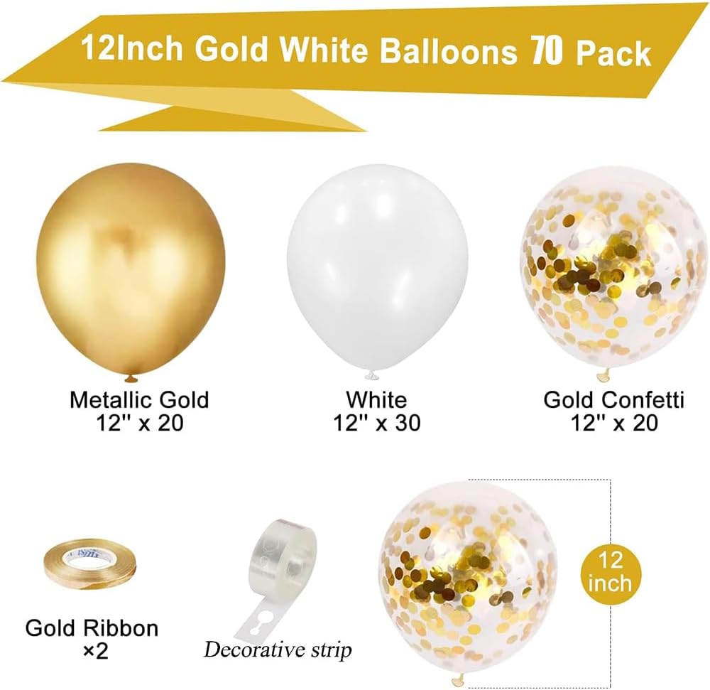 70 globos dorados metálicos, globos de látex blanco de confeti dorado de 12 pulgadas para cumpleaños, graduación, baby shower, boda, aniversario,
