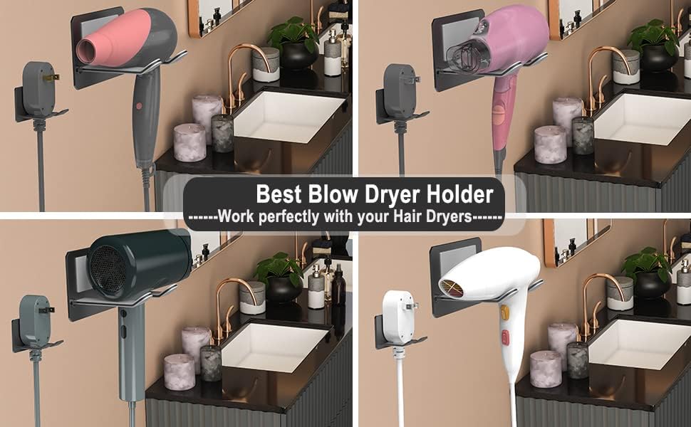 Soporte adhesivo para secador de pelo de montaje en pared, organizador adhesivo para secador de pelo, compatible con secadores de pelo Dyson (negro)