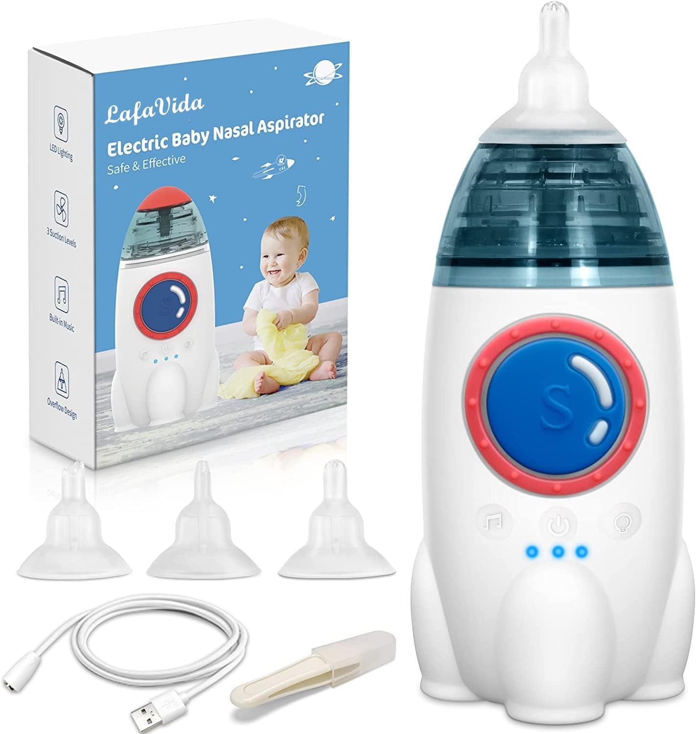 Aspirador nasal eléctrico para bebé, niño pequeño, chupón de nariz ultrasilencioso, succionadores de nariz de silicona para bebés, con 3 puntas de
