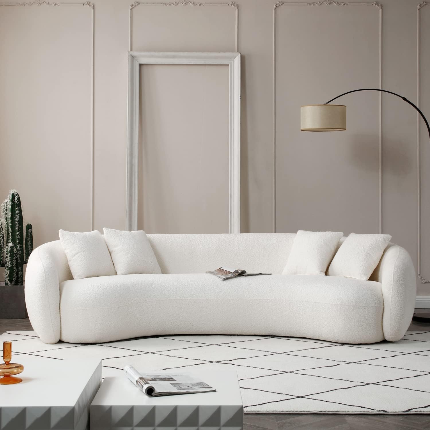 JUSTONE Sofá de sala de estar curvado moderno de mediados de siglo de 101 pulgadas, sofá de tela Boucle de 4 asientos para dormitorio, oficina,