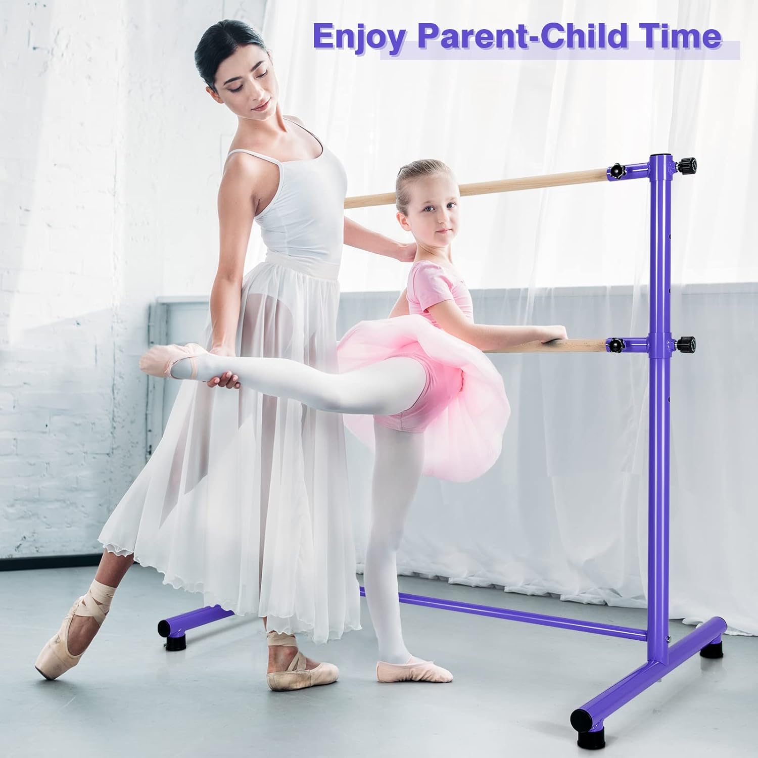 Costzon Barra de ballet portátil, barra de madera doble ajustable de 4 pies de altura, barra de baile independiente para estudio en casa, escuela,
