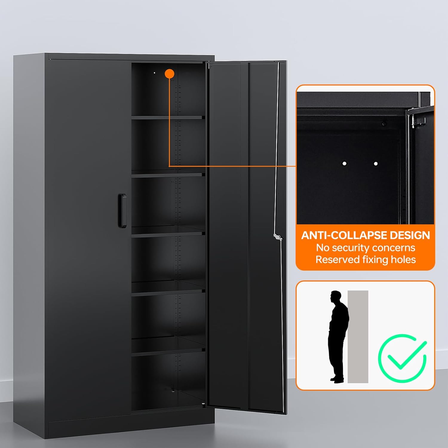 Armarios de almacenamiento de metal con cerradura, gabinete de almacenamiento de garaje de 71 pulgadas con 2 puertas y 5 estantes ajustables,