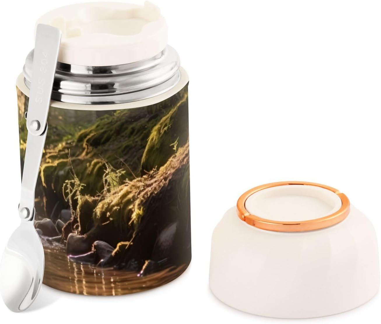 Forest Jungle Green Deer – Tarro de comida aislado para niños y mujeres, con cuchara, de acero inoxidable, termo de 17 onzas líquidas, contenedor de