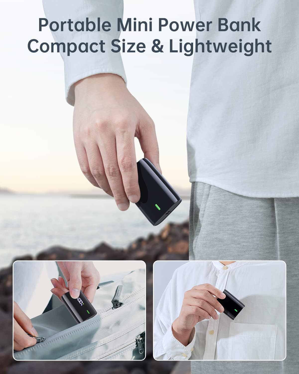 Coolreall Mini cargador portátil, banco de energía de 10000 mAh con pantalla LED, 3 A USB C (entrada y salida), cargador de batería de teléfono