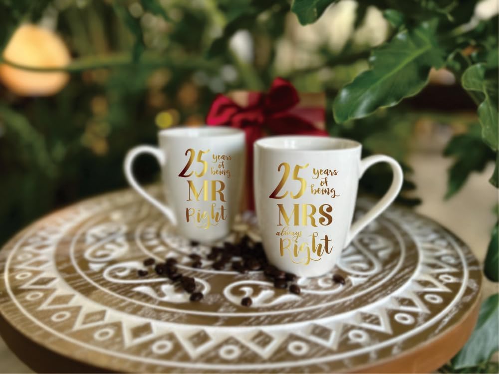 MNEDLAD Juego de 2 tazas de 25 años de aniversario de boda, 25 años de ser el señor y la señora siempre derecha, regalos de boda, tazas de café,