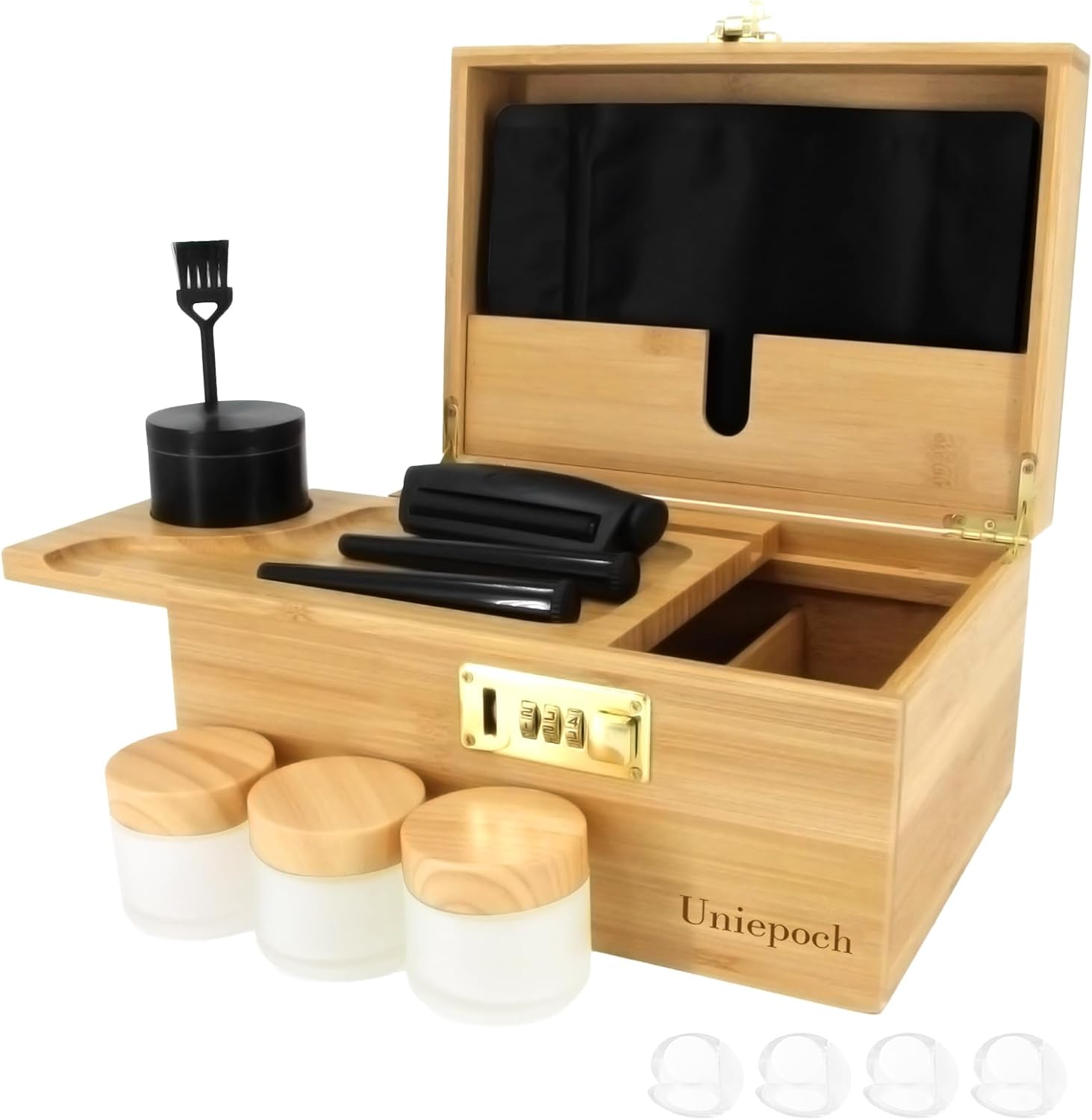 Caja de almacenamiento de bambú grande de alta calidad con cerradura de combinación, a prueba de olores y bandeja extraíble, incluye bandeja