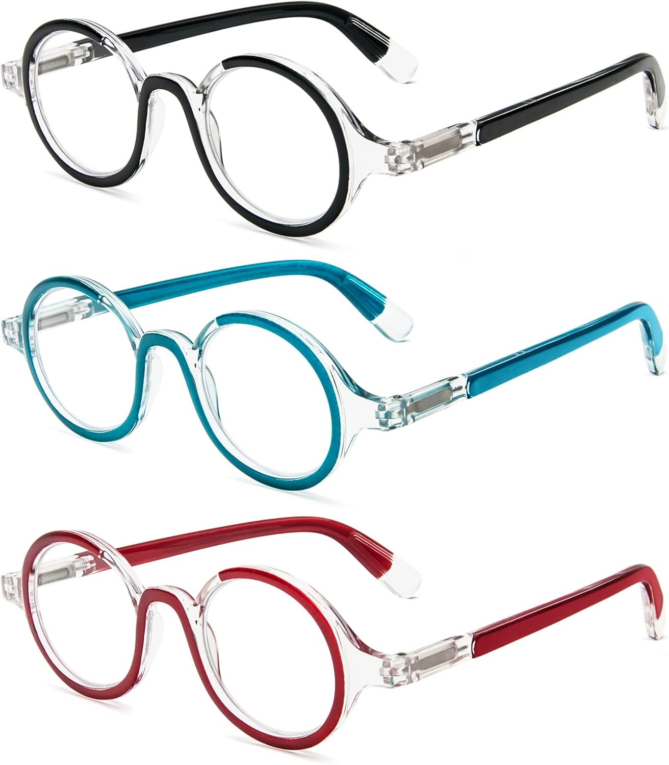 KoKoBin Paquete de 3 lentes de lectura redondos pequeños, cómodos lectores, marco elegante de colores para mujeres y hombres